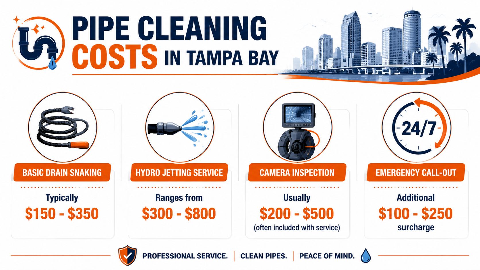 An infographic detailing average costs for professional pipe cleaning and plumbing services in Tampa Bay.