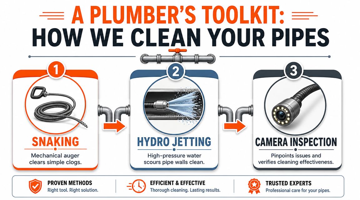 A visual guide explaining three professional plumbing methods for cleaning pipes: snaking, hydro jetting, and camera inspection.