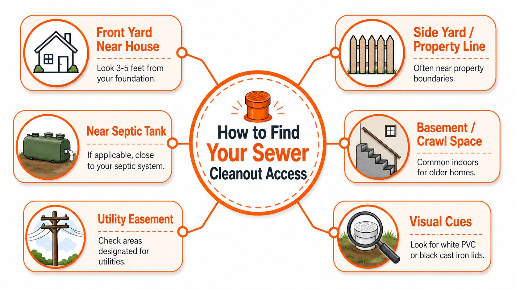 A diagram illustrating six common locations to find your sewer cleanout access on your property.