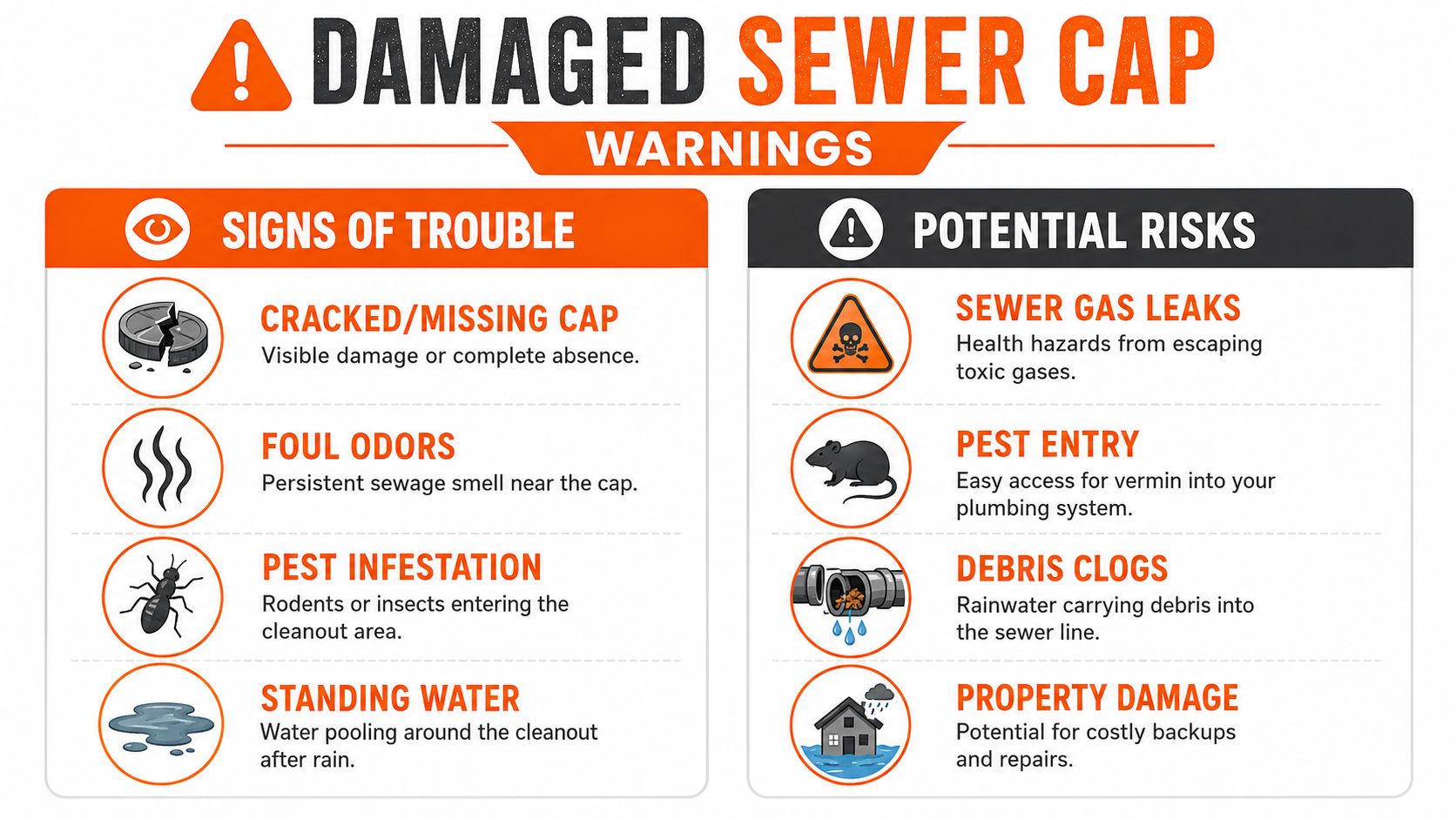 An infographic detailing the common signs and potential risks associated with a damaged sewer cleanout cap.