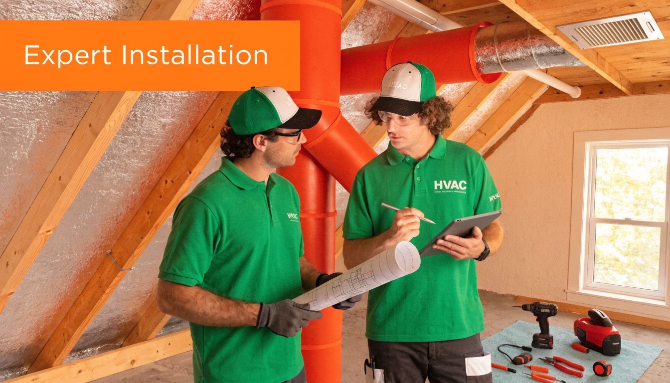 Two HVAC technicians in green uniforms reviewing blueprints and plans inside a residential attic space.