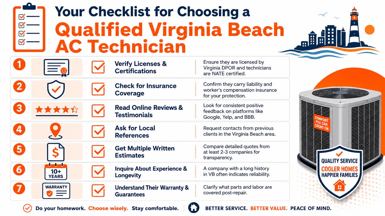 A checklist infographic for choosing a qualified air conditioning technician in Virginia Beach, including seven essential tips.