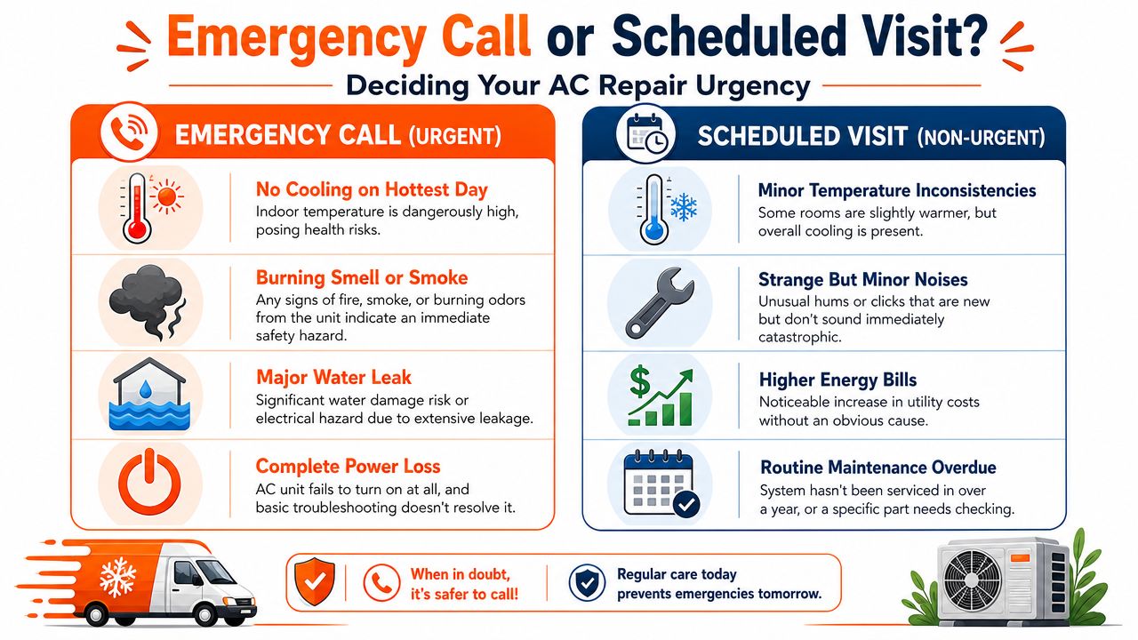 A helpful infographic comparing when to schedule an emergency AC repair versus a routine maintenance visit.