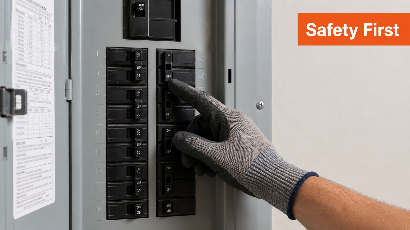 A person wearing a work glove flips a circuit breaker switch to the off position for safety.