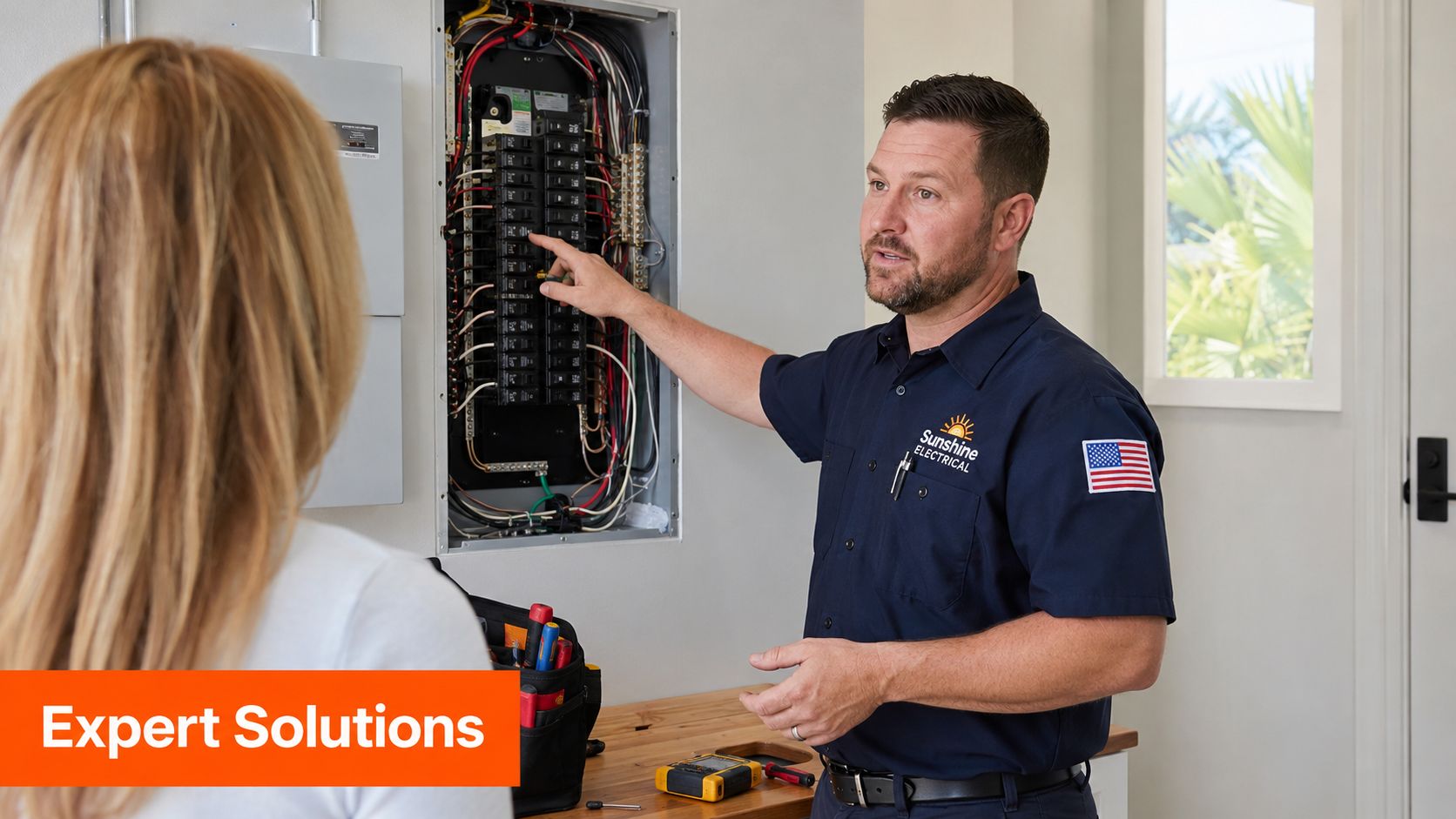 A professional electrician from Sunshine Electrical explains a residential circuit breaker panel to a female homeowner.
