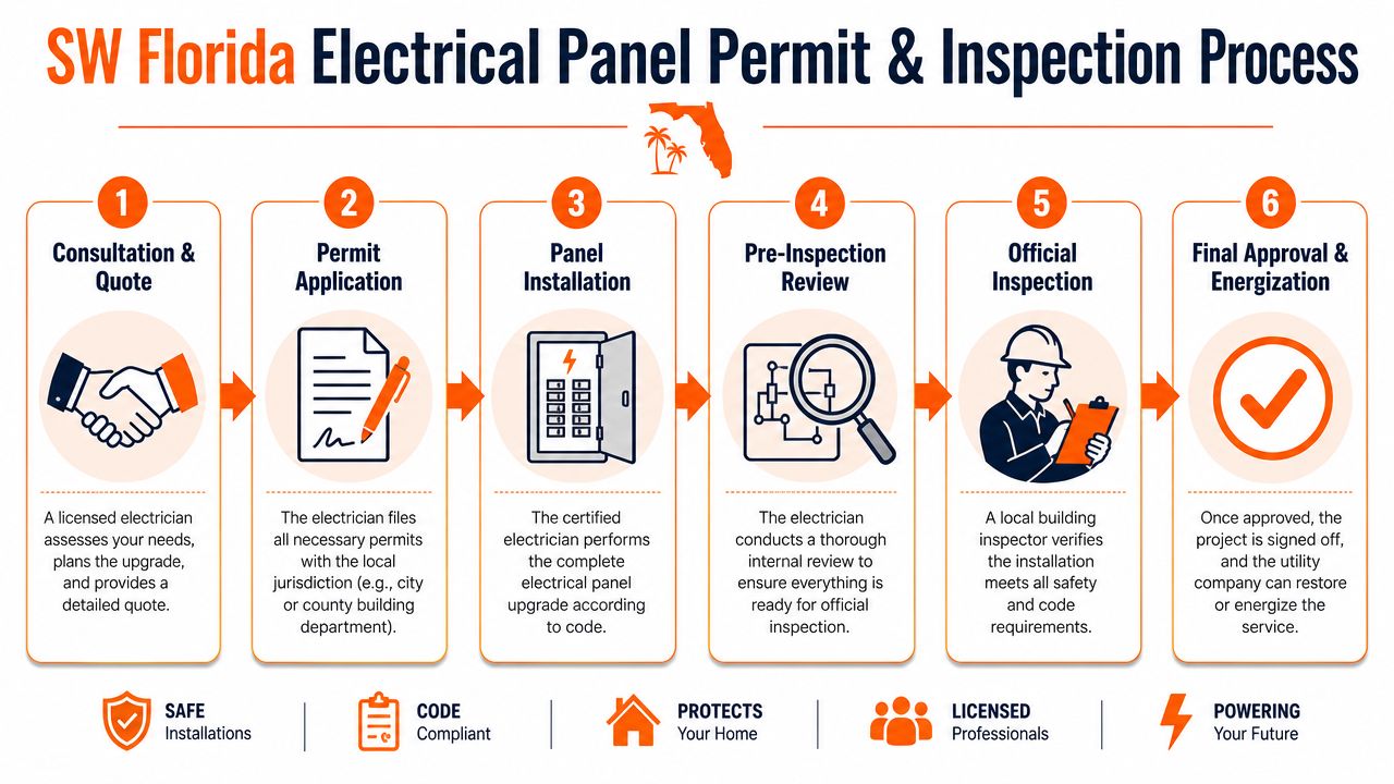 A flowchart showing the six steps of the SW Florida electrical panel permit and inspection process.