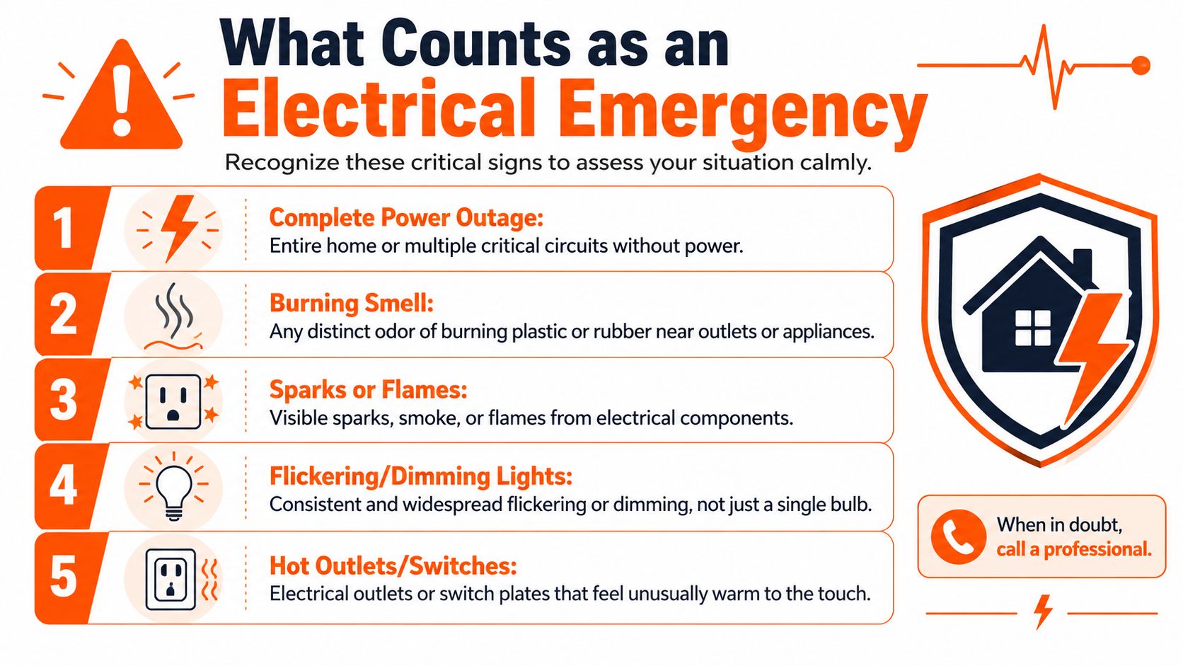 An infographic titled What Counts as an Electrical Emergency listing five key signs including power outages and burning smells.