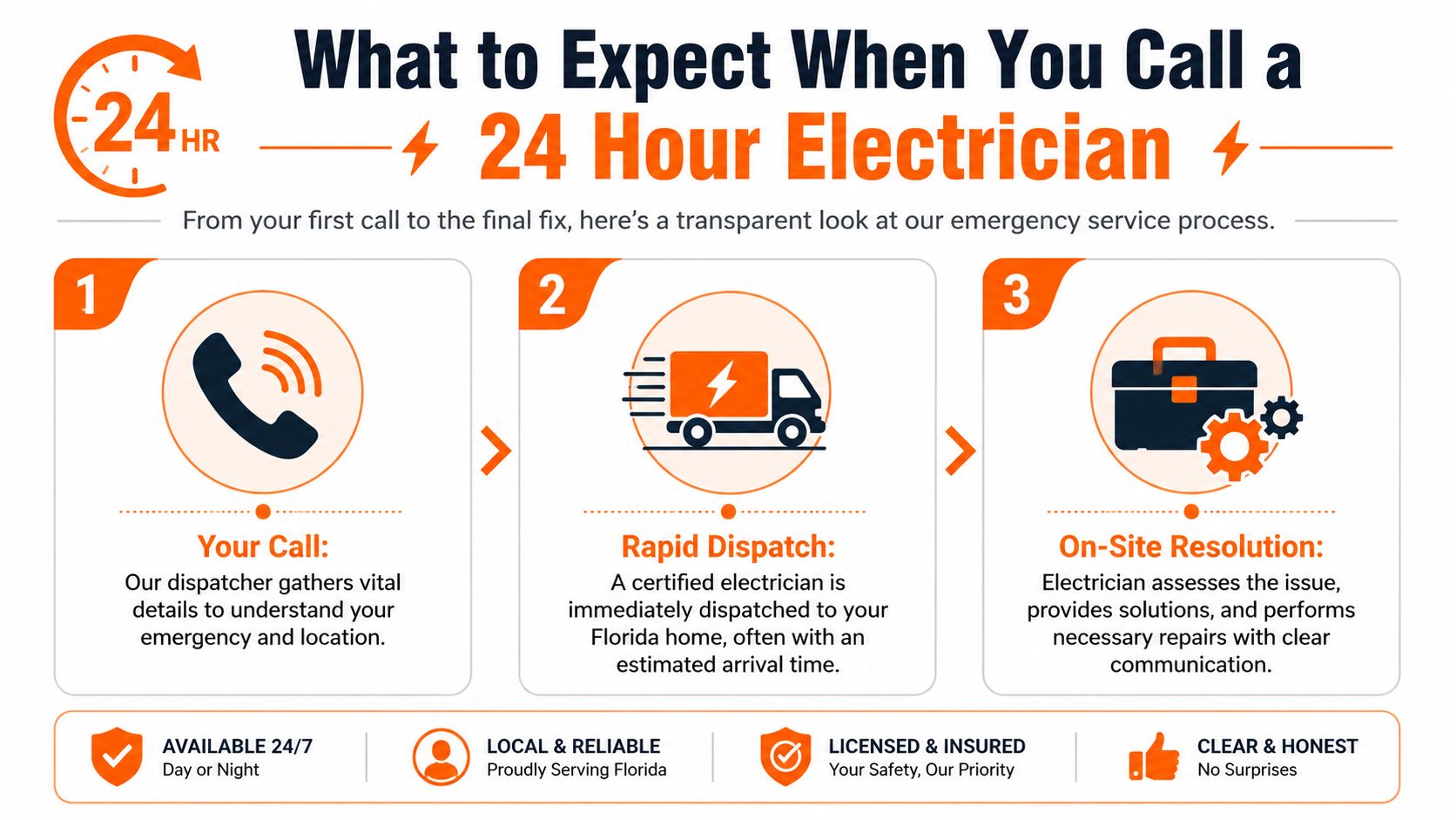 A three-step infographic explaining the process of hiring a 24-hour emergency electrician for your home.