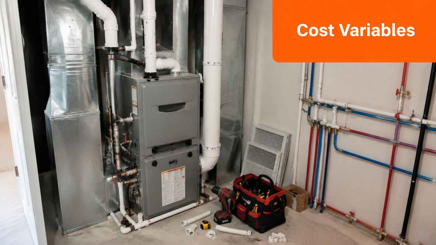 A technician's tools and a high-efficiency HVAC system installed in a residential basement utility room.