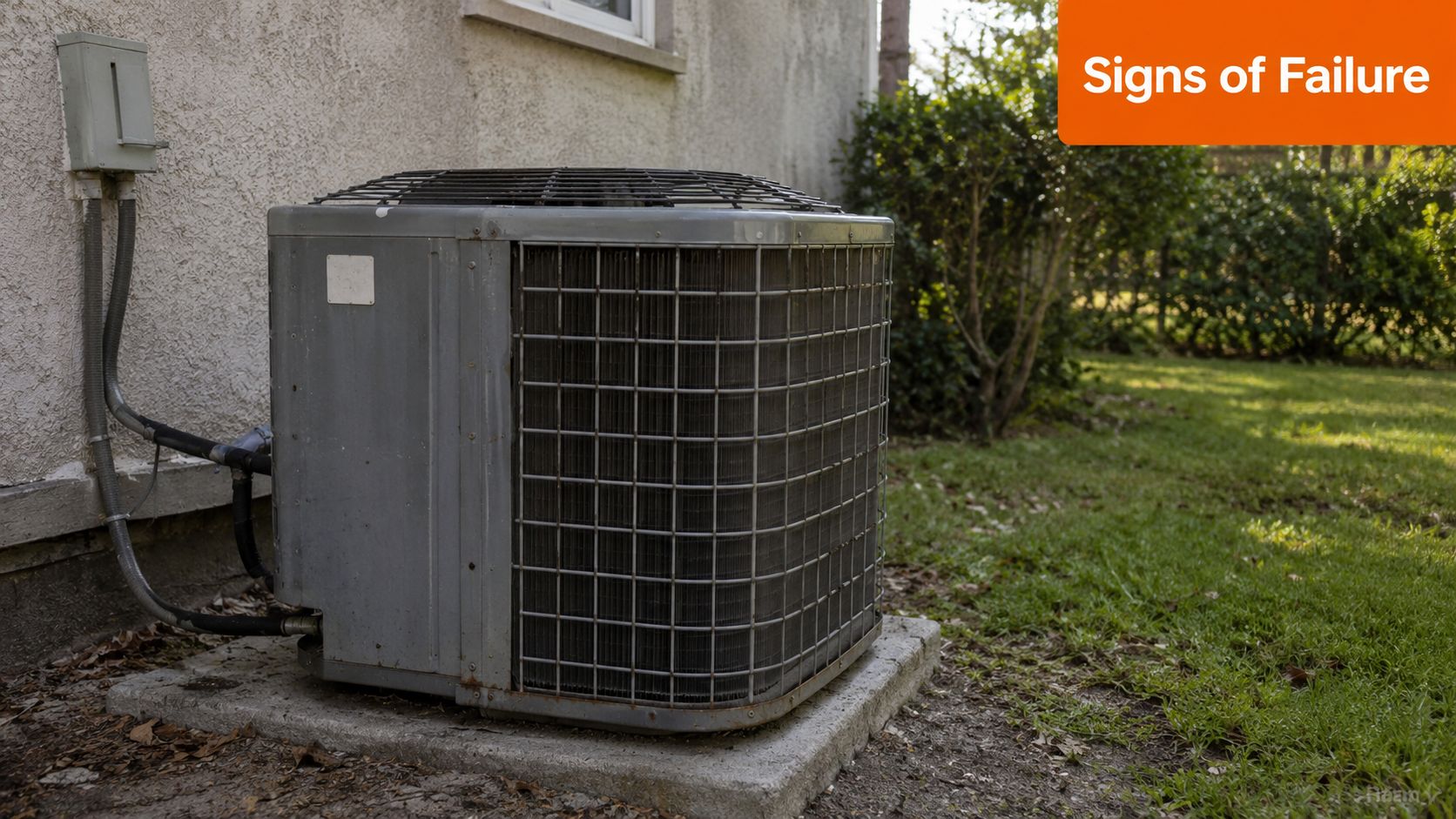A gray outdoor air conditioning compressor unit sits on a concrete pad outside a residential home.