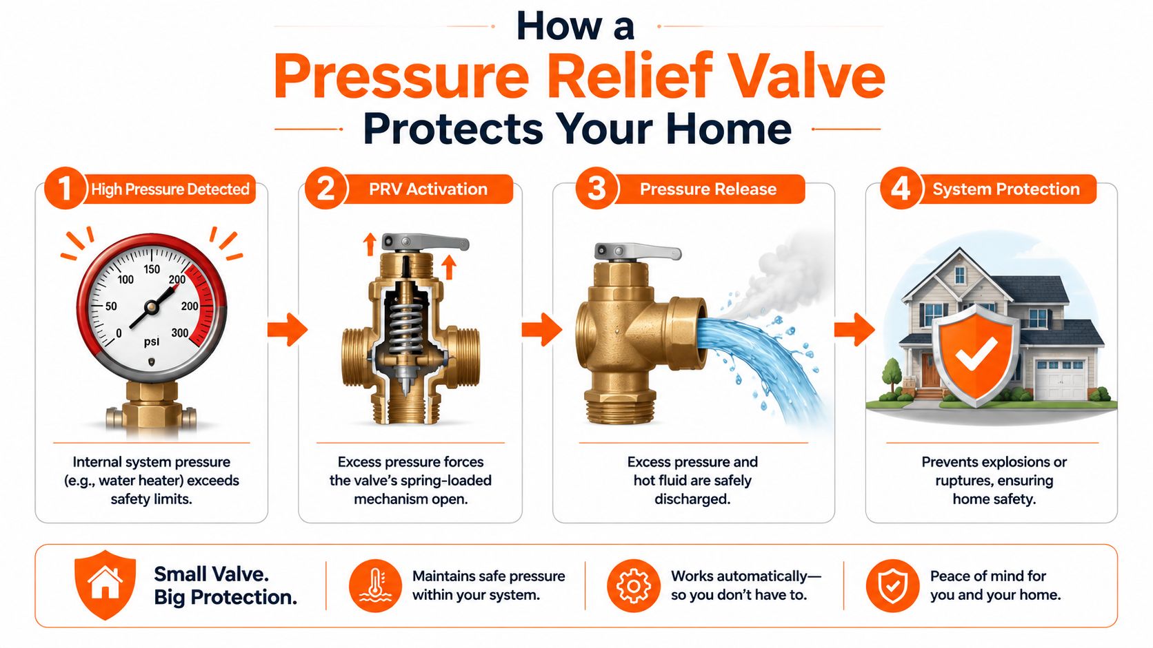 An infographic illustrating how a pressure relief valve safely releases excess pressure to protect a home.