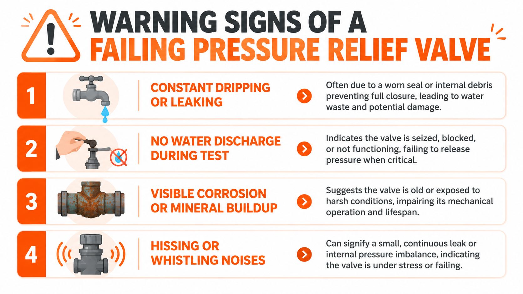 An infographic showing four common warning signs of a failing pressure relief valve with explanatory text.