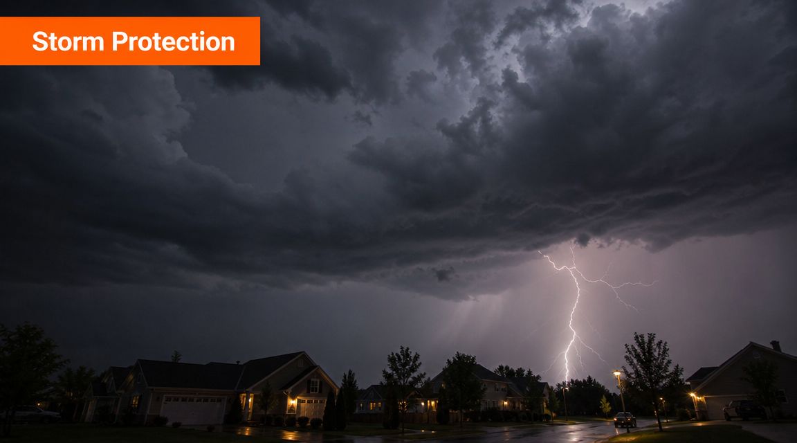 A dramatic lightning strike illuminates a dark, stormy sky over a suburban residential neighborhood at night.
