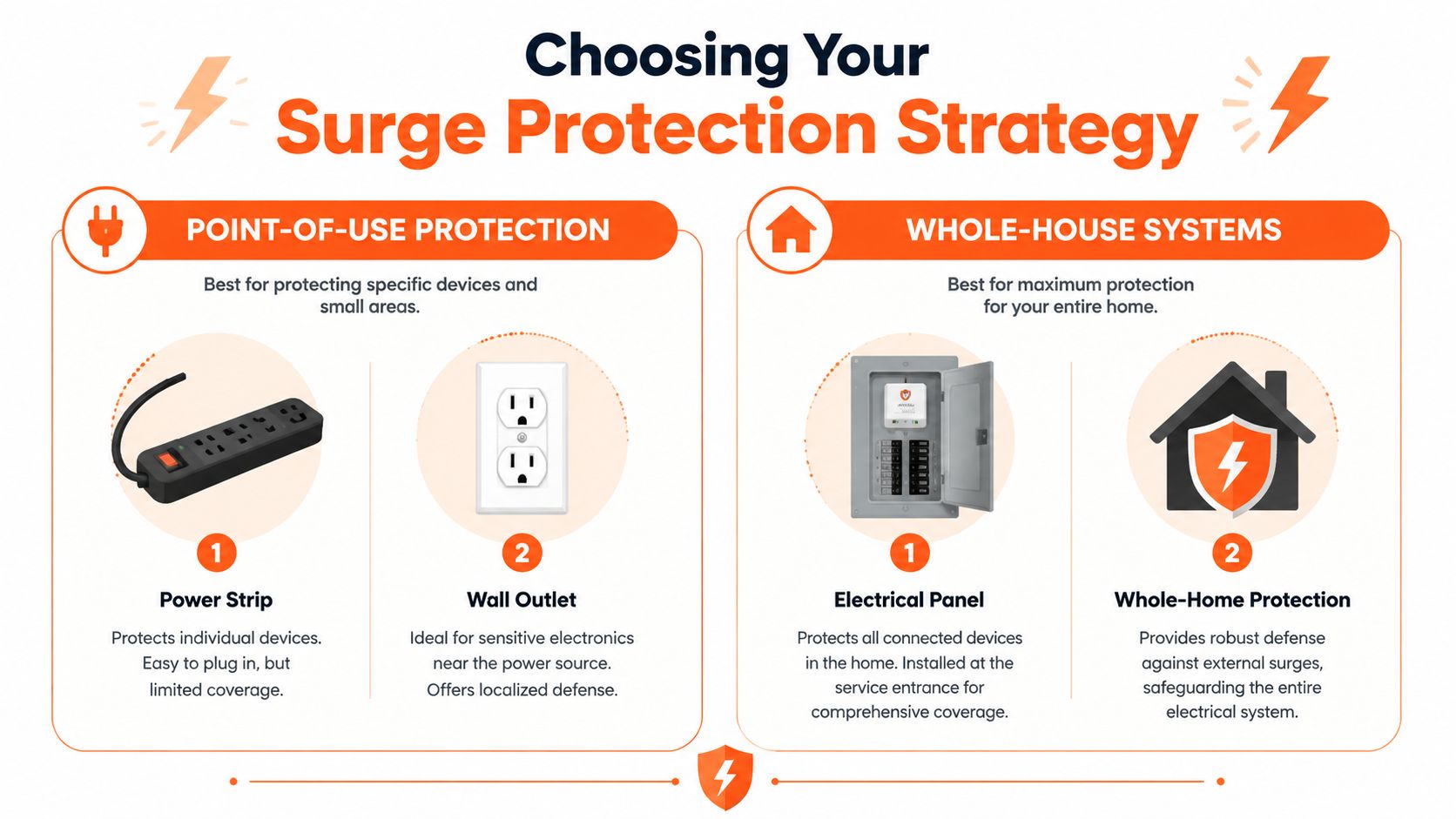 An infographic showing surge protection strategies including point-of-use power strips and whole-house electrical panel systems.