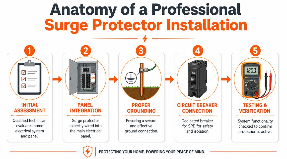 An infographic showing the five-step professional surge protection installation process for a home electrical system.