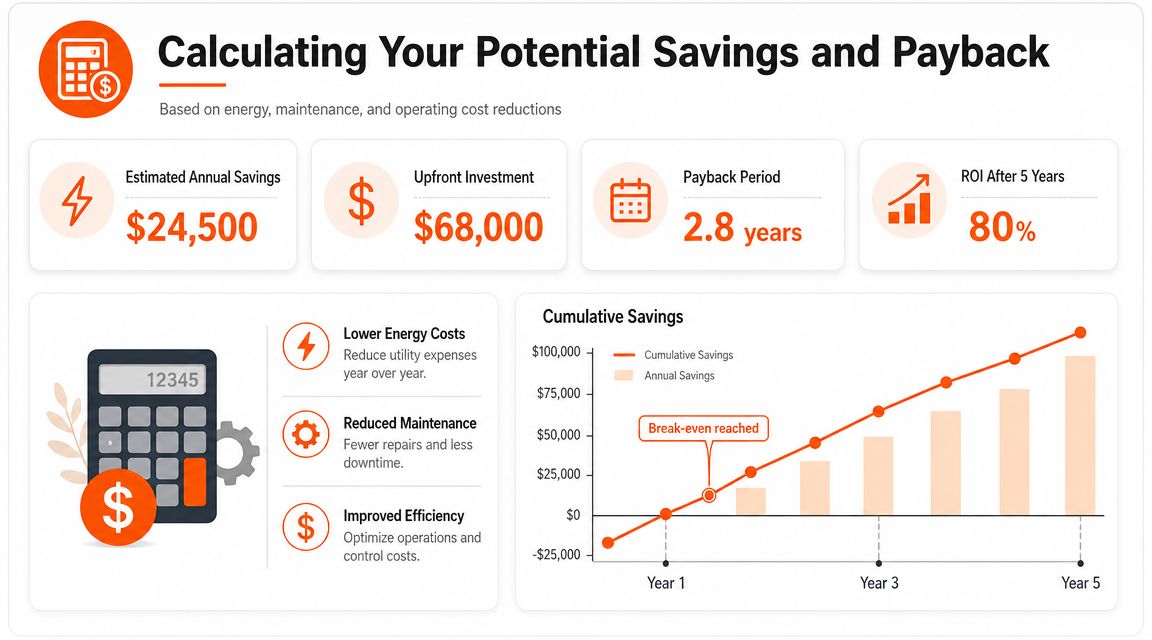 An infographic showing a calculator, financial metrics, and a chart calculating business savings and investment payback.