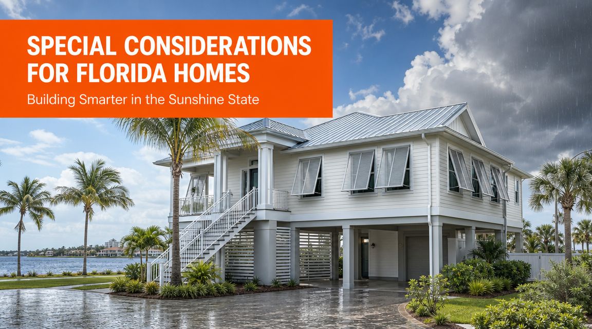 A modern raised home in Florida surrounded by palm trees under a dramatic cloudy sky.