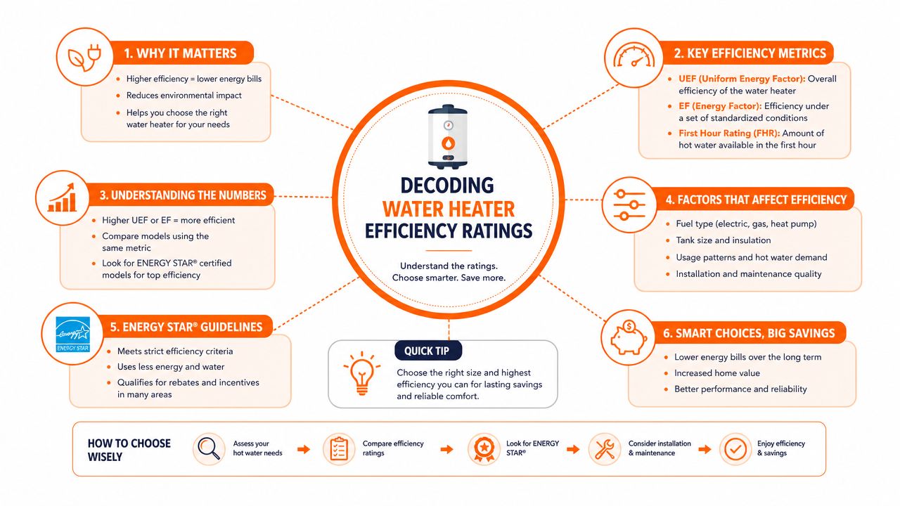 An infographic titled Decoding Water Heater Efficiency Ratings, detailing factors, metrics, and tips for choosing heaters.