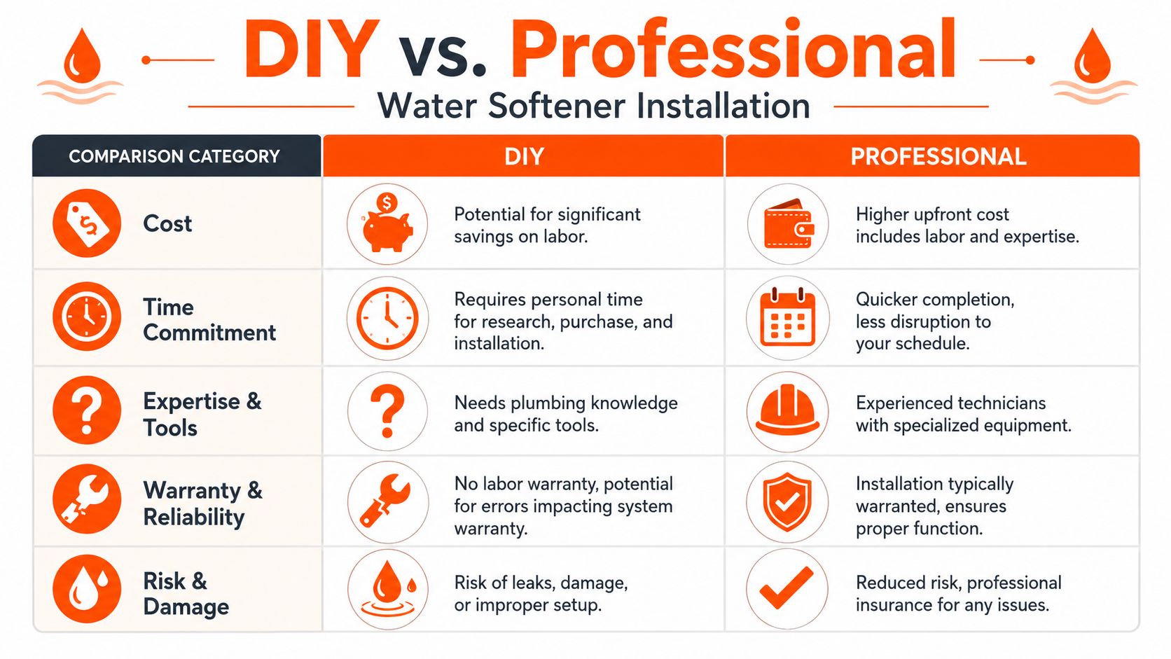 A comparison table outlining the pros and cons of DIY versus professional water softener installation services.