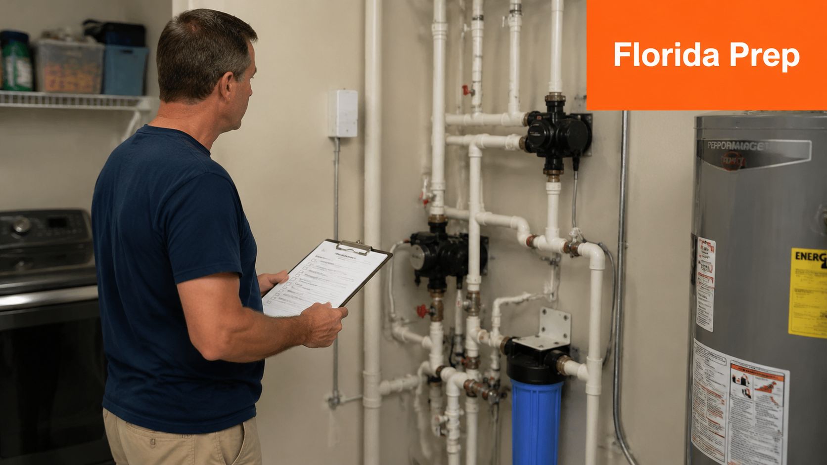A professional technician inspects a residential water filtration and softener system installation using a clipboard checklist.
