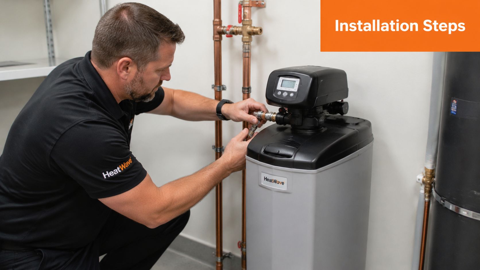 A professional technician carefully installing a modern HeatWave residential water softener system to copper plumbing pipes.