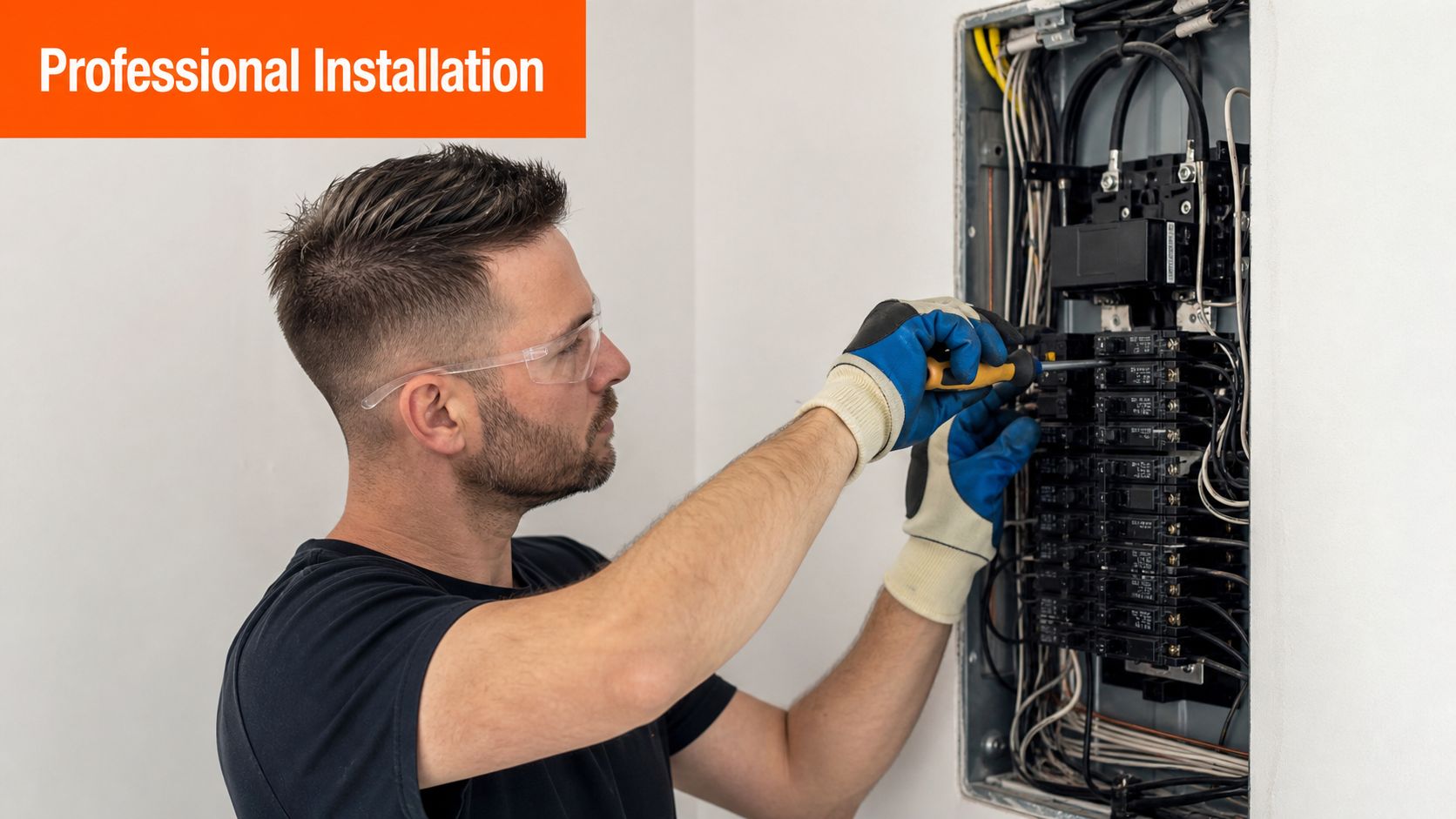 A professional electrician wearing safety glasses and protective gloves while working on a home electrical panel.