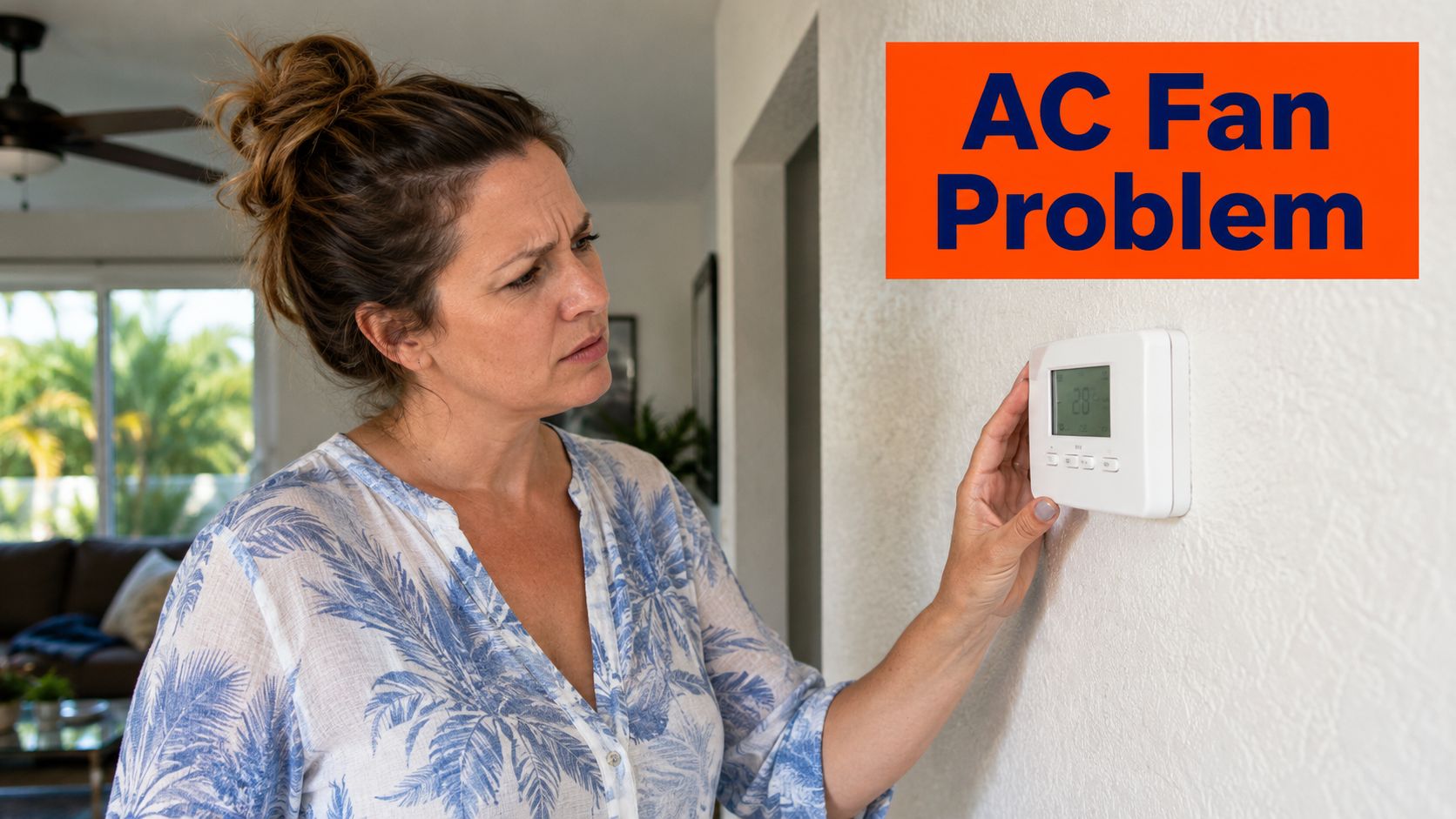 A concerned woman standing in her living room looking at a wall-mounted thermostat control panel.