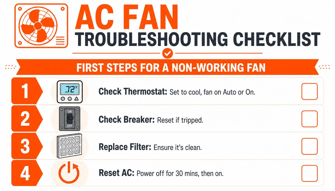 An AC fan troubleshooting checklist illustrating four simple steps to fix a non-working air conditioner unit.