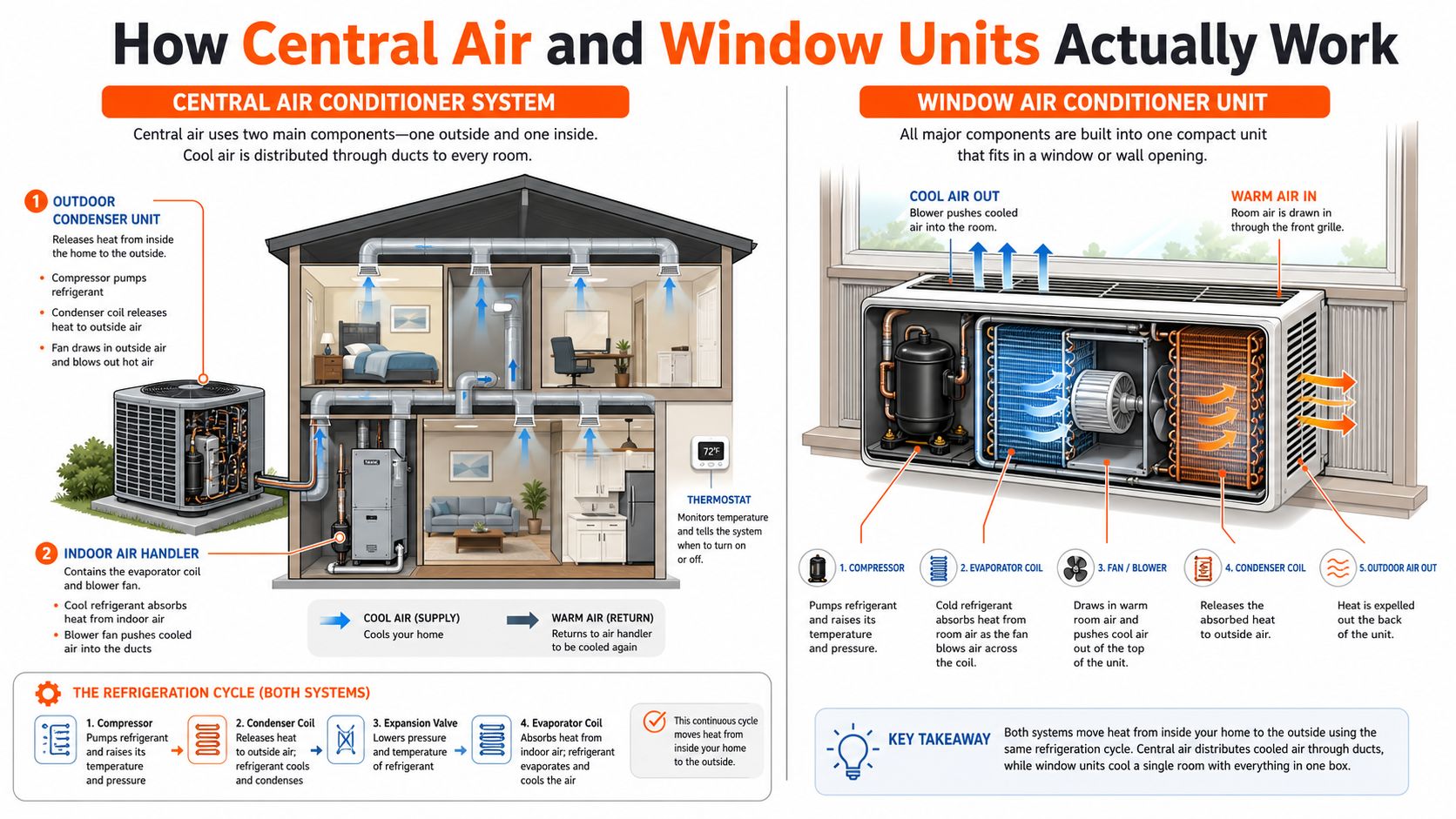 A diagram comparing the mechanisms of central air conditioning systems and window air conditioner units.