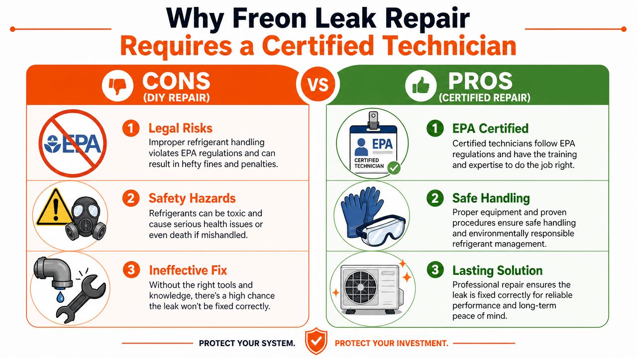 An infographic comparing the risks of DIY Freon leak repairs against the benefits of hiring certified technicians.