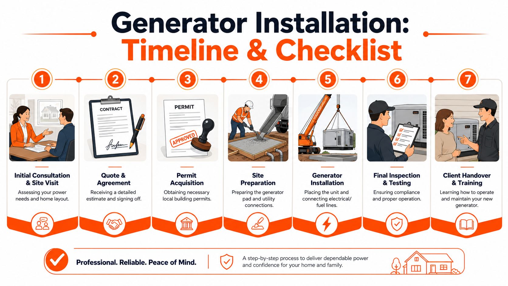 A seven-step infographic showing the professional generator installation process from initial consultation to client training.