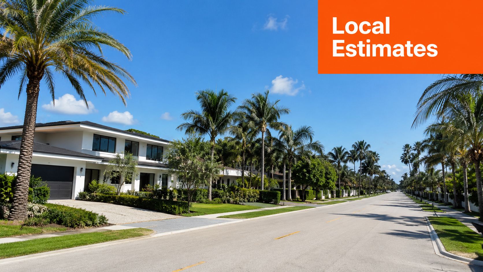 A modern white residential home on a sunlit, palm tree-lined street under a clear blue sky.
