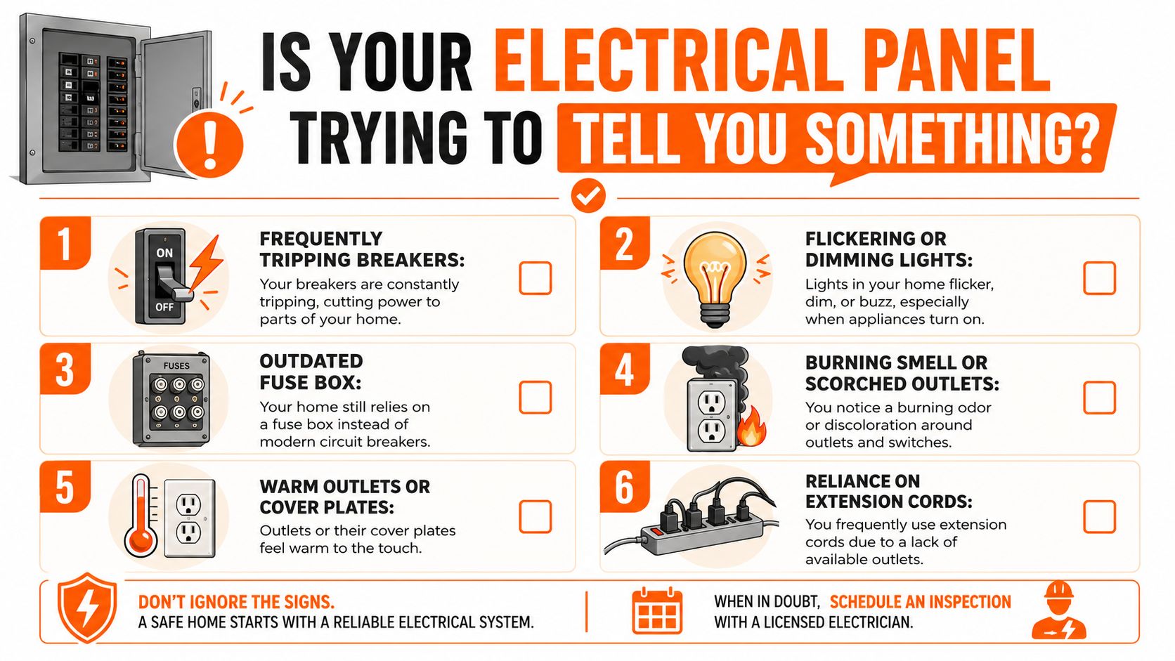 An infographic titled Is Your Electrical Panel Trying To Tell You Something highlighting six signs of electrical problems.
