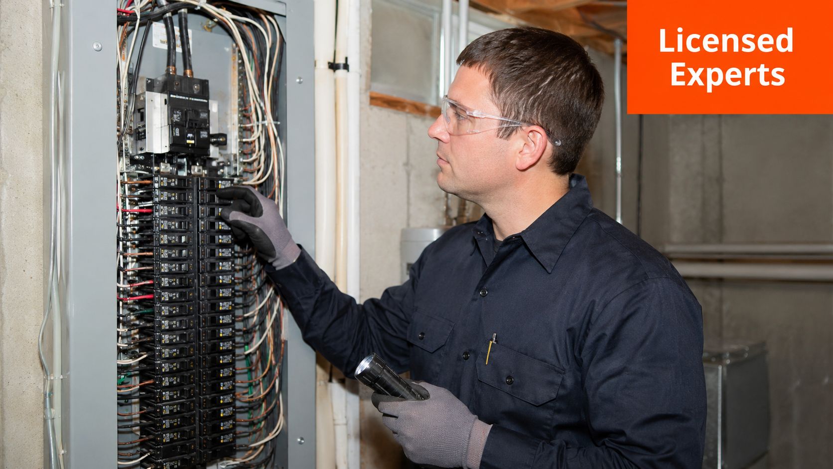 A professional electrician wearing protective eyewear and gloves inspects a residential home electrical breaker box panel.
