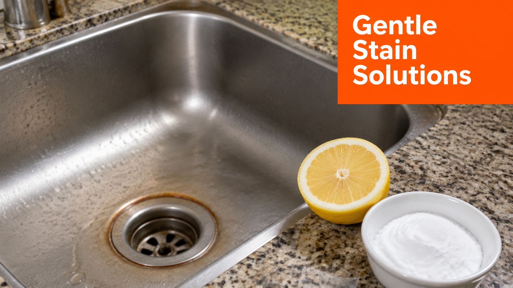 A stainless steel kitchen sink next to a halved lemon and a small bowl of baking soda.