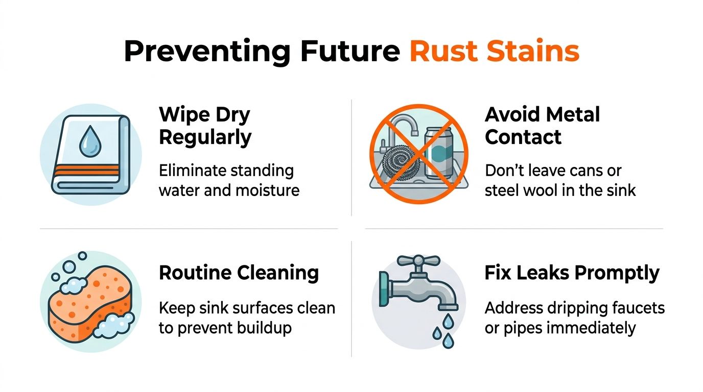 An infographic titled Preventing Future Rust Stains with four tips on how to avoid sink rust.