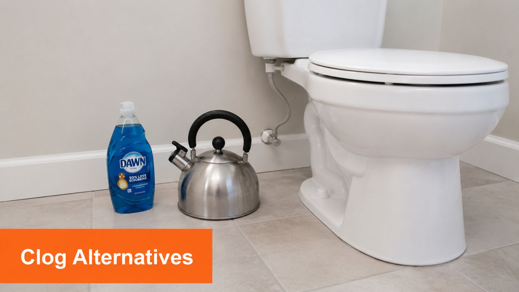 A bottle of Dawn dish soap and a metal teakettle placed on a tiled bathroom floor next to a toilet.