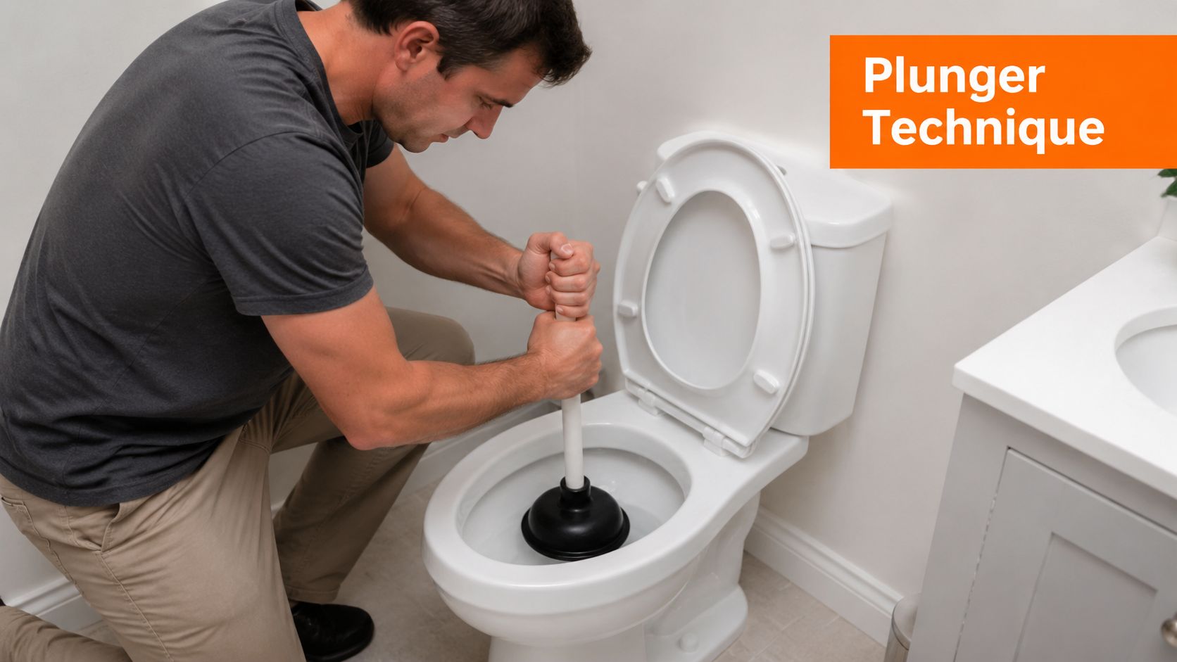 A man in a grey t-shirt kneels on the floor using a plunger to unclog a toilet.