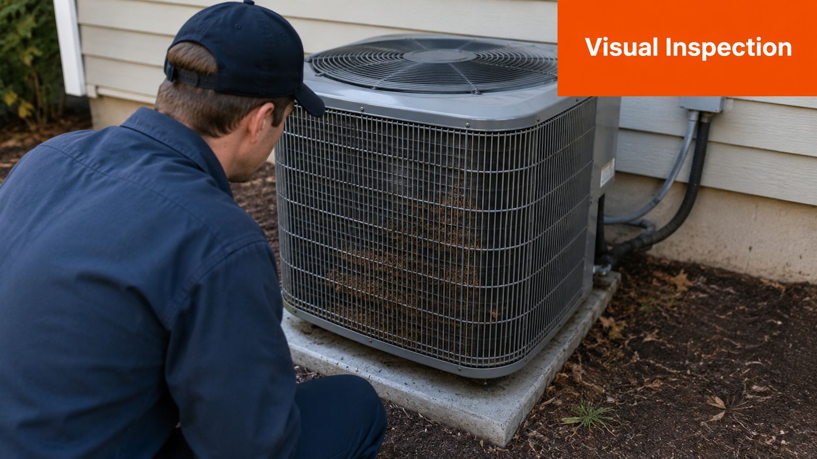 A technician performing a visual inspection of an outdoor HVAC unit to diagnose cooling problems.