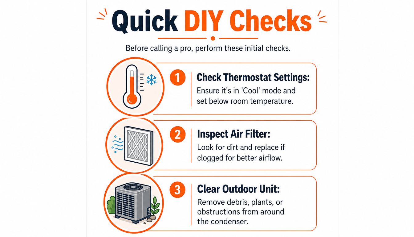 An infographic showing three quick DIY checks for an HVAC system that is not cooling properly.