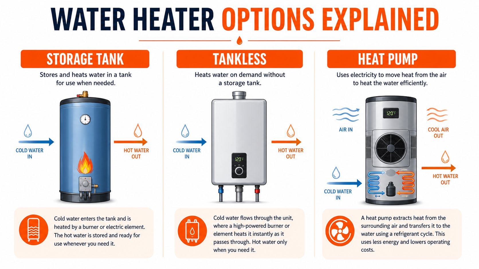 Tank, Tankless, and Heat Pump Options Explained