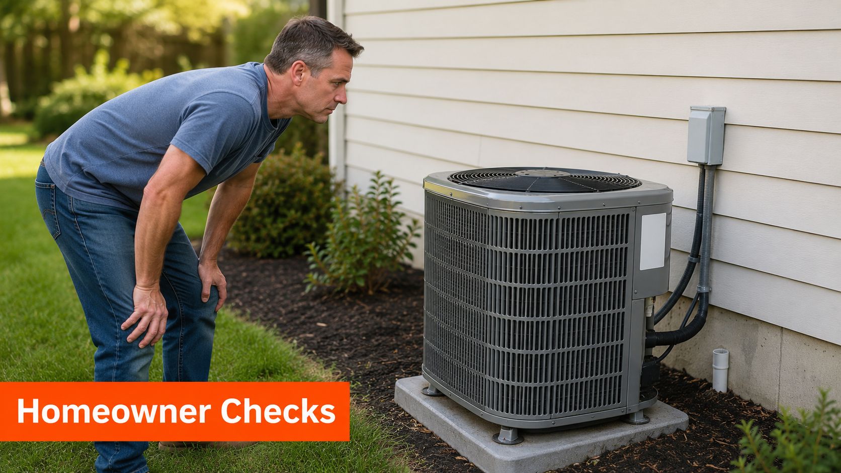 A man inspecting an outdoor air conditioning unit to identify potential low refrigerant symptoms for maintenance.