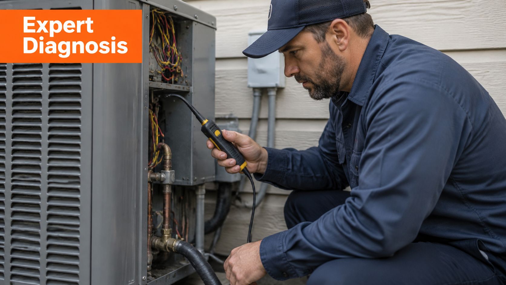 A professional HVAC technician wearing a cap uses a leak detector to check an outdoor cooling unit.