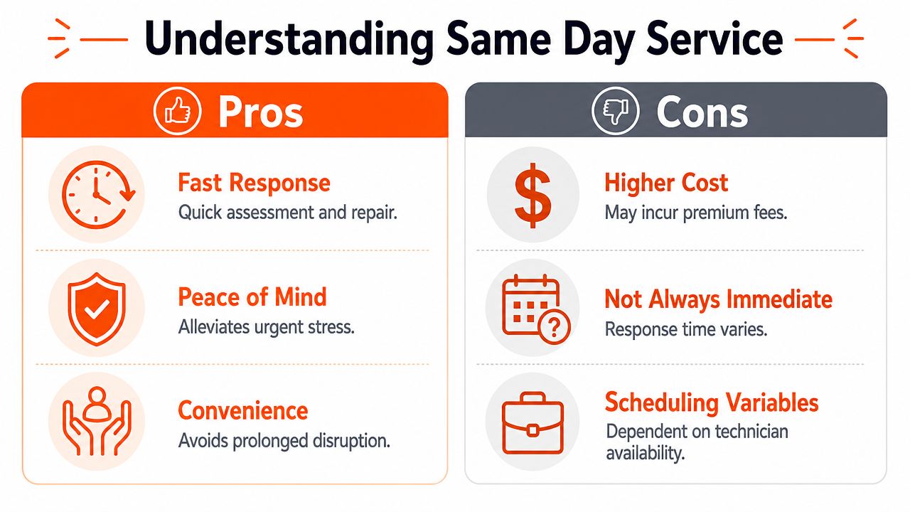 An infographic comparing the pros and cons of same day service for professional repair tasks.