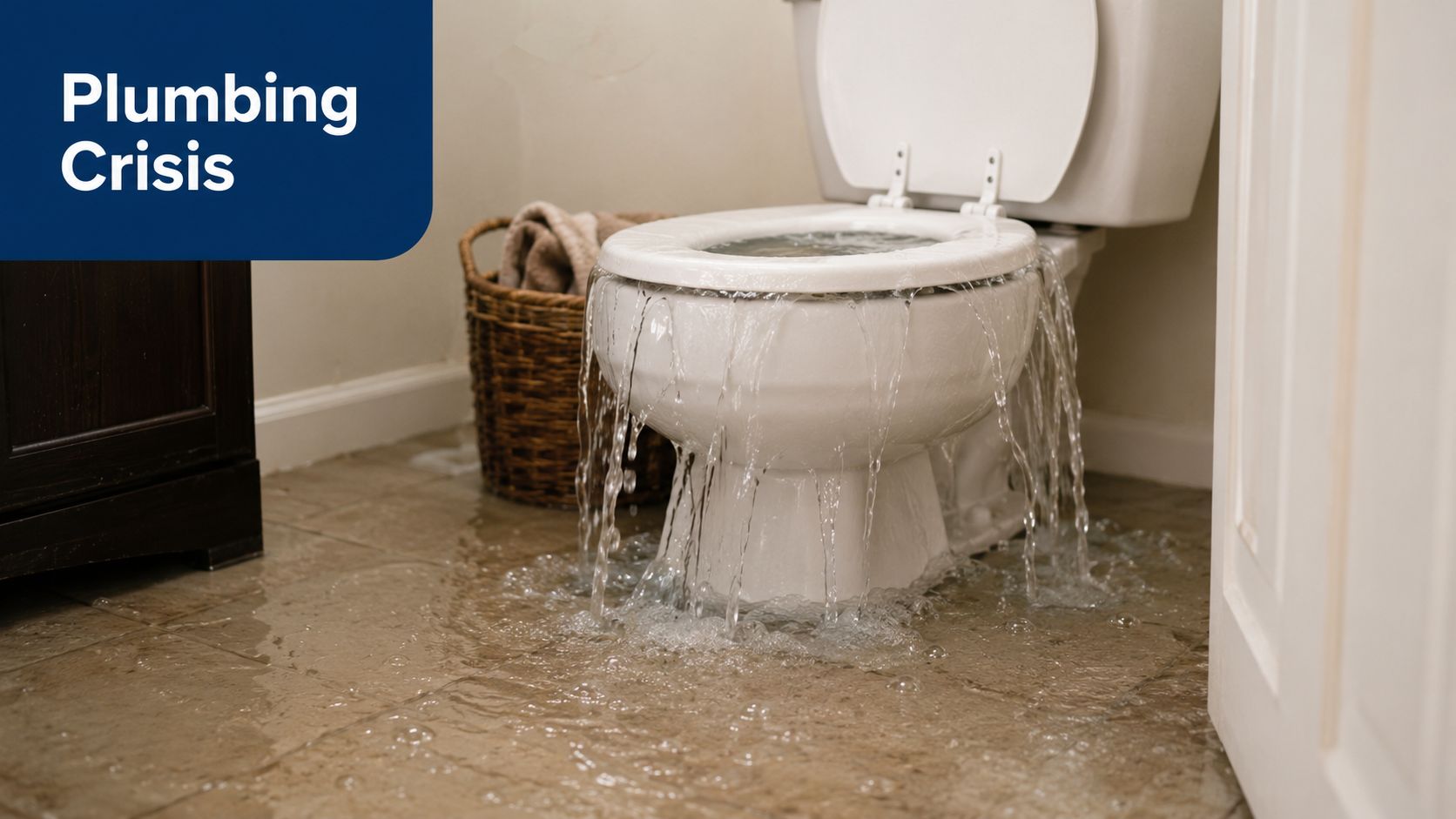 A bathroom toilet overflowing with water flooding the tiled floor during a plumbing emergency situation.