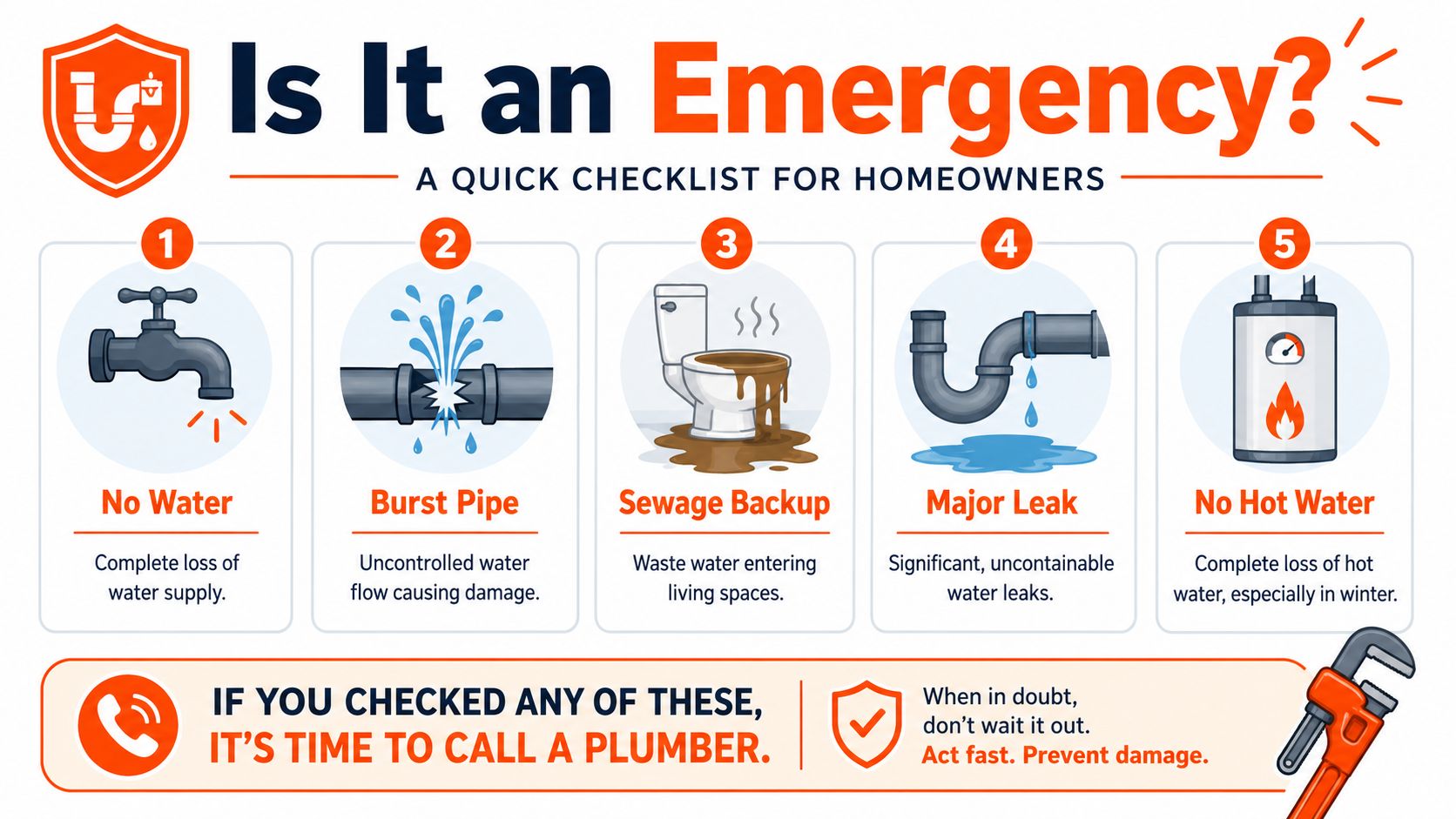 A checklist infographic titled Is It an Emergency identifying five common residential plumbing issues requiring professional help.