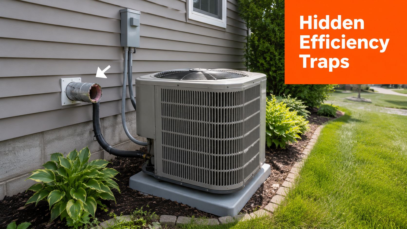 A central air conditioning unit positioned next to a house with an improperly exposed wall vent.