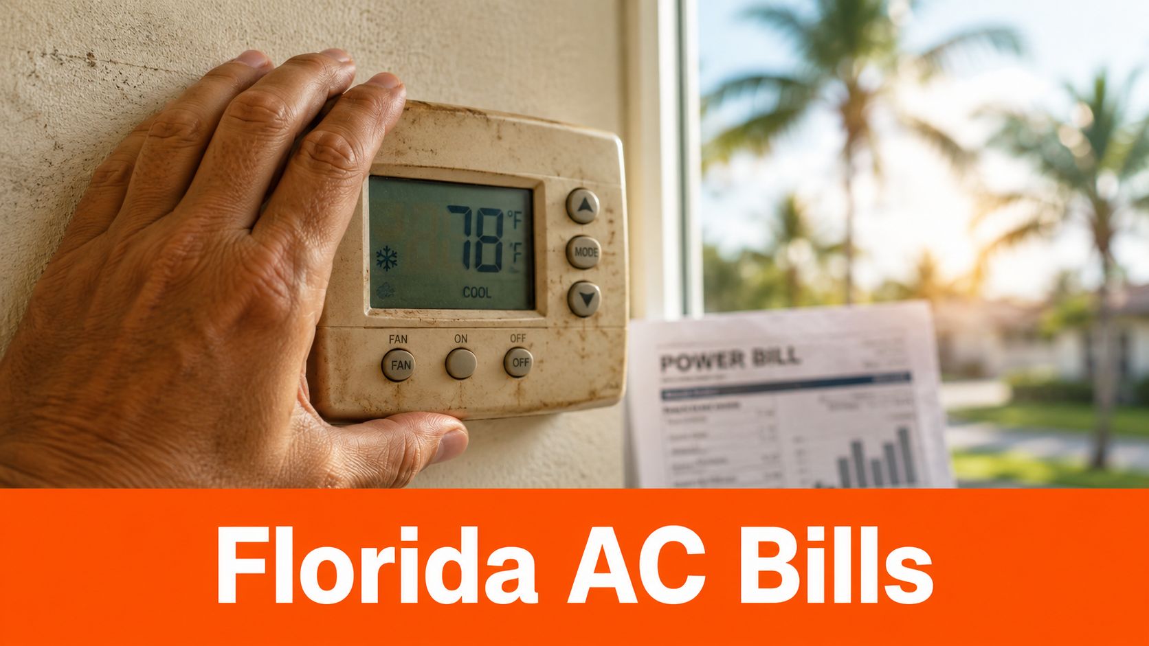 A hand adjusts a wall-mounted thermostat set to 78 degrees with an energy bill in the background.