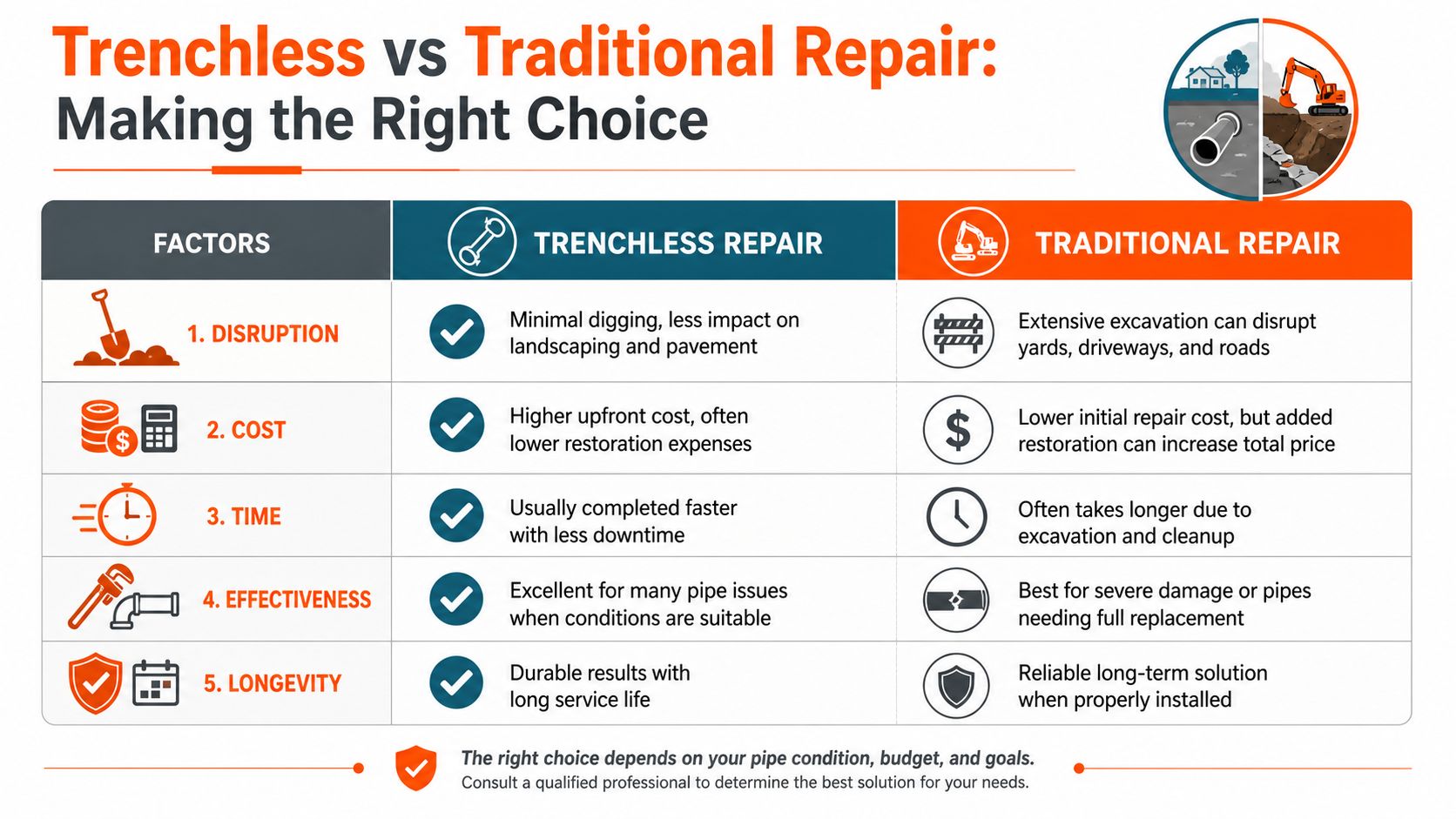 A comparison chart showing the pros and cons of trenchless versus traditional sewer line repair methods.