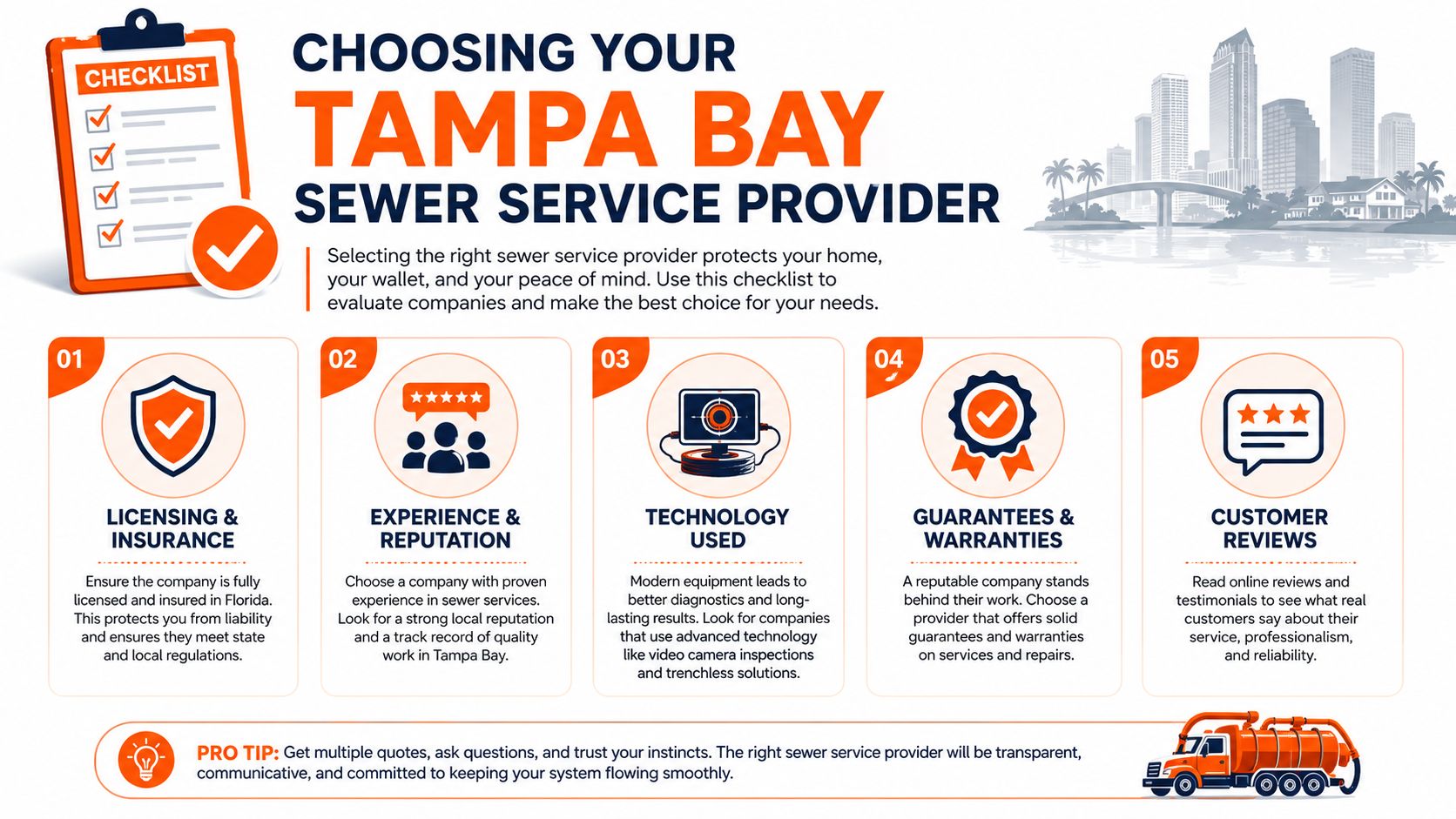 An infographic checklist for choosing a professional sewer service provider in the Tampa Bay area.